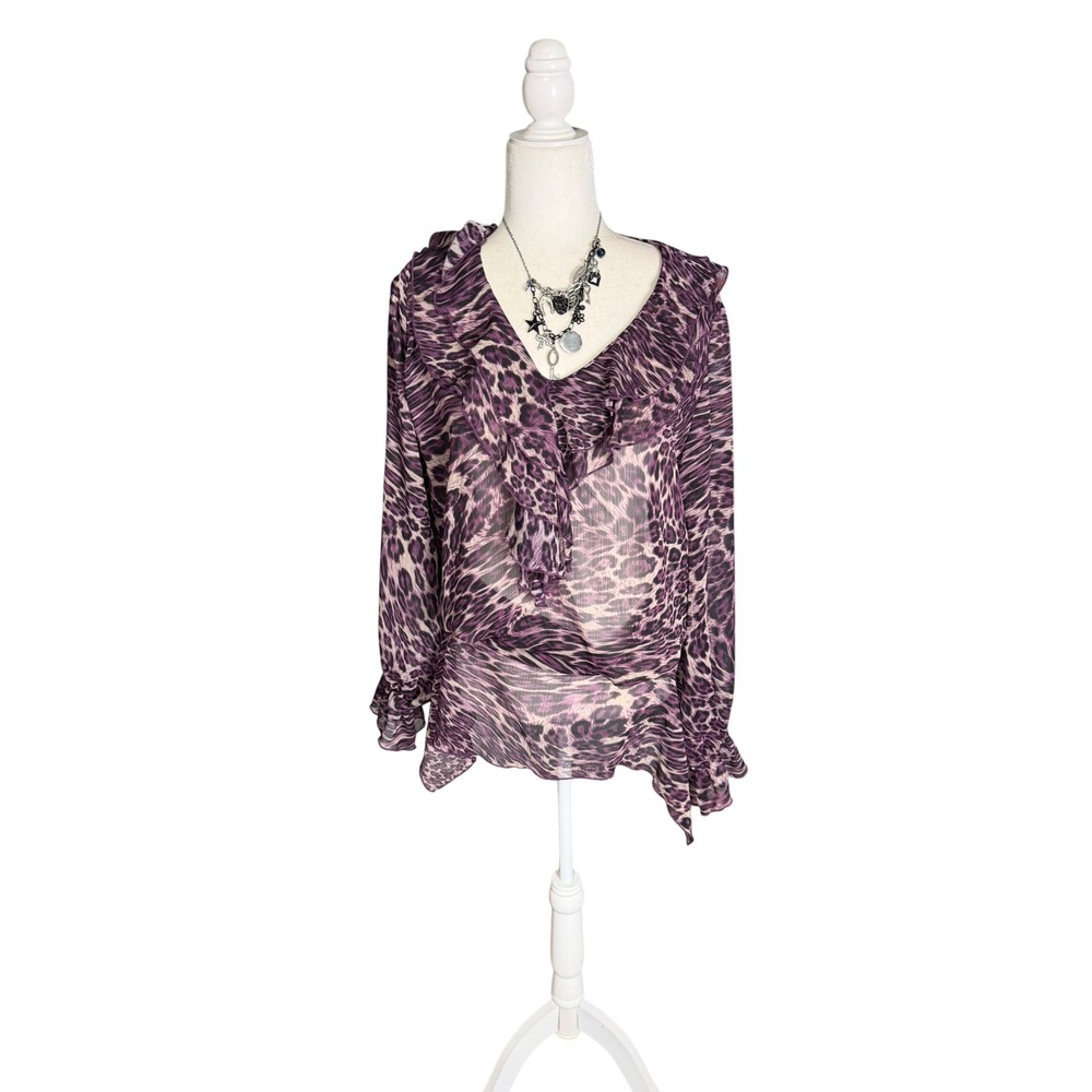 Y2K sheer leopard ruffle blouse purple mesh flowy boho‎ fairy top